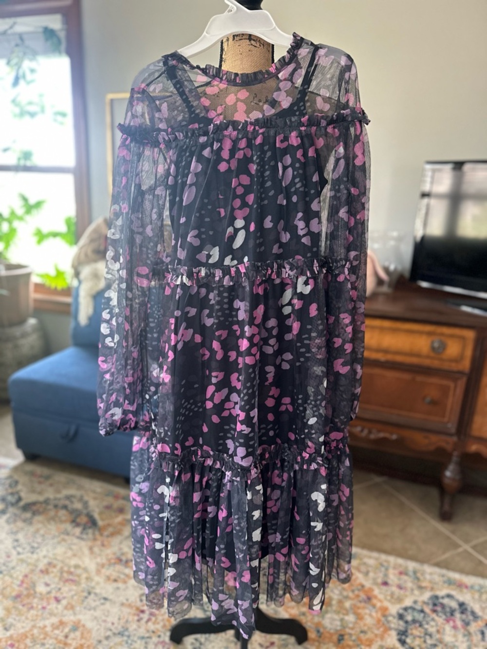 🆕 Angel & Rocket Mesh Navy & Pink Abstract Floral Tiered Girls Dress. Size 13.